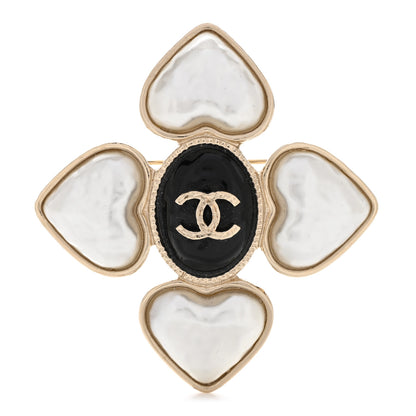 Chanel Resin Pearl CC Heart Brooch Gold Pearly White Black 1 of 5