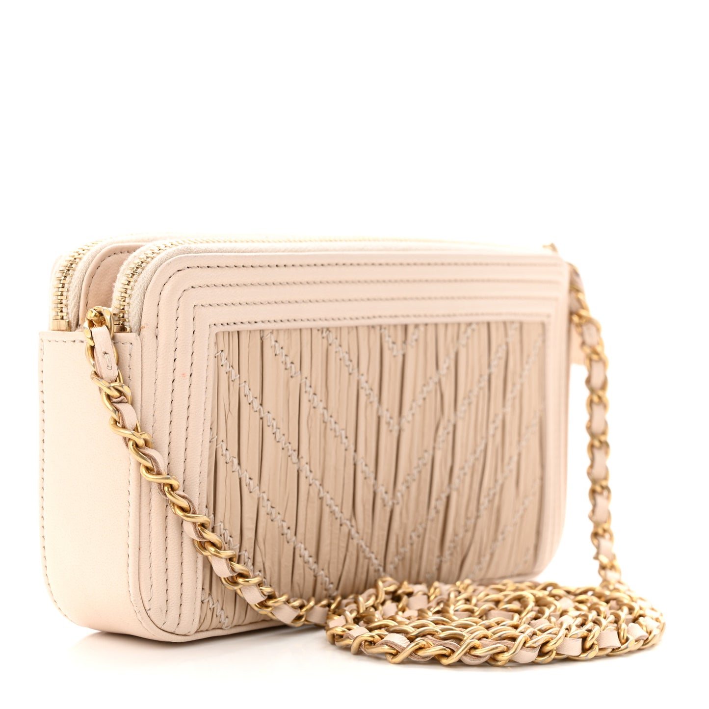 Crumpled Lambskin Chevron Quilted Pleated Small Boy Clutch With Chain Beige