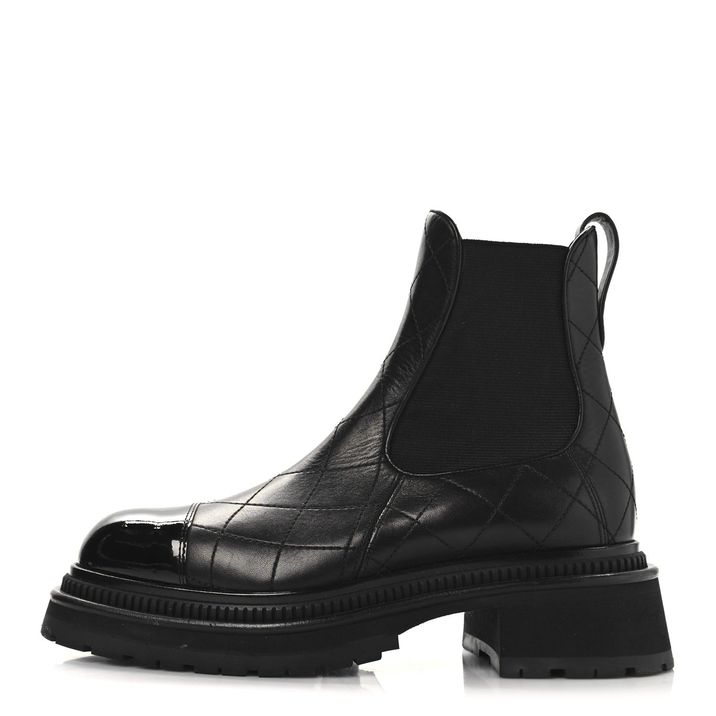 Calfskin Patent Cap Toe Quilted Short Boots 39 Black