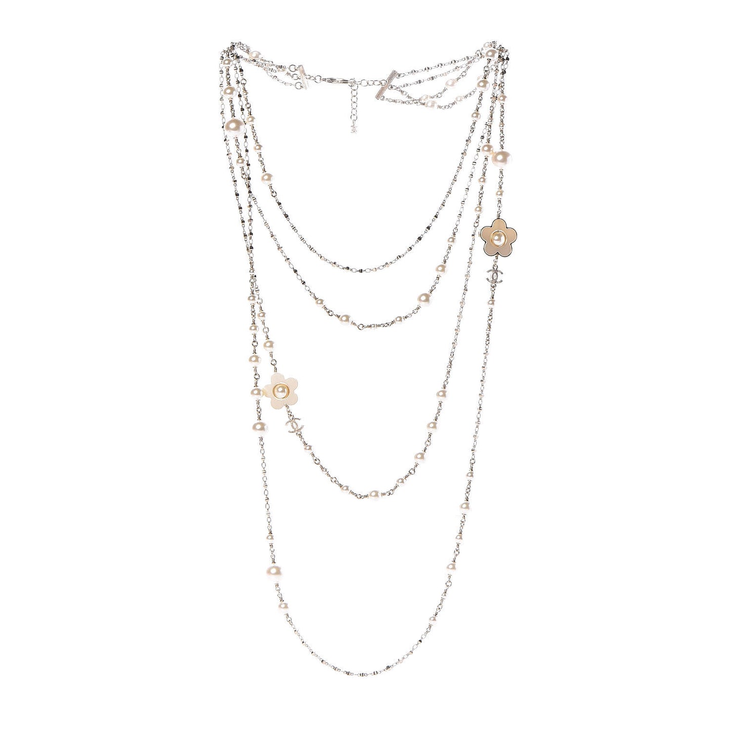 Pearl Flower CC Multi Strand Long Necklace Gold