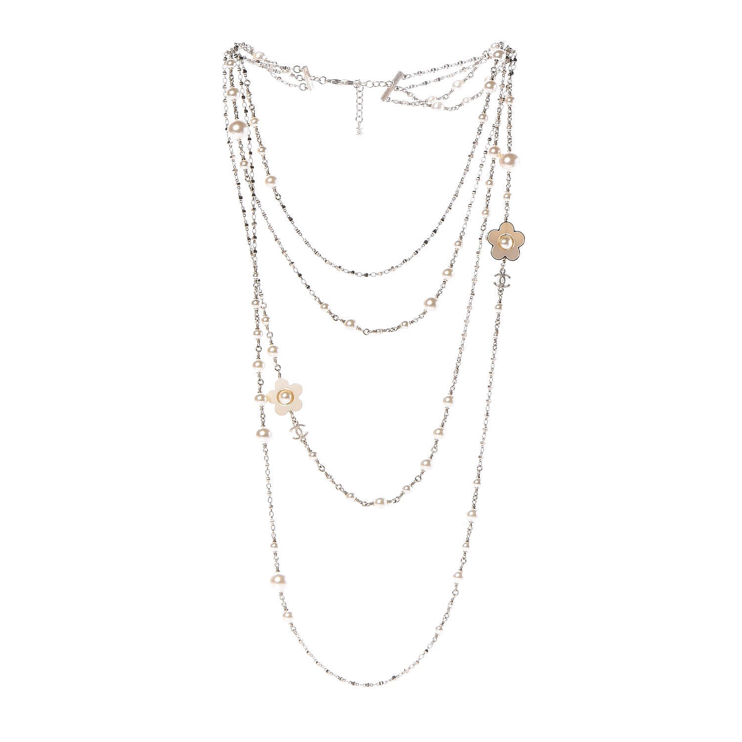 Chanel Pearl Flower CC Multi Strand Long Necklace Gold 3 of 4