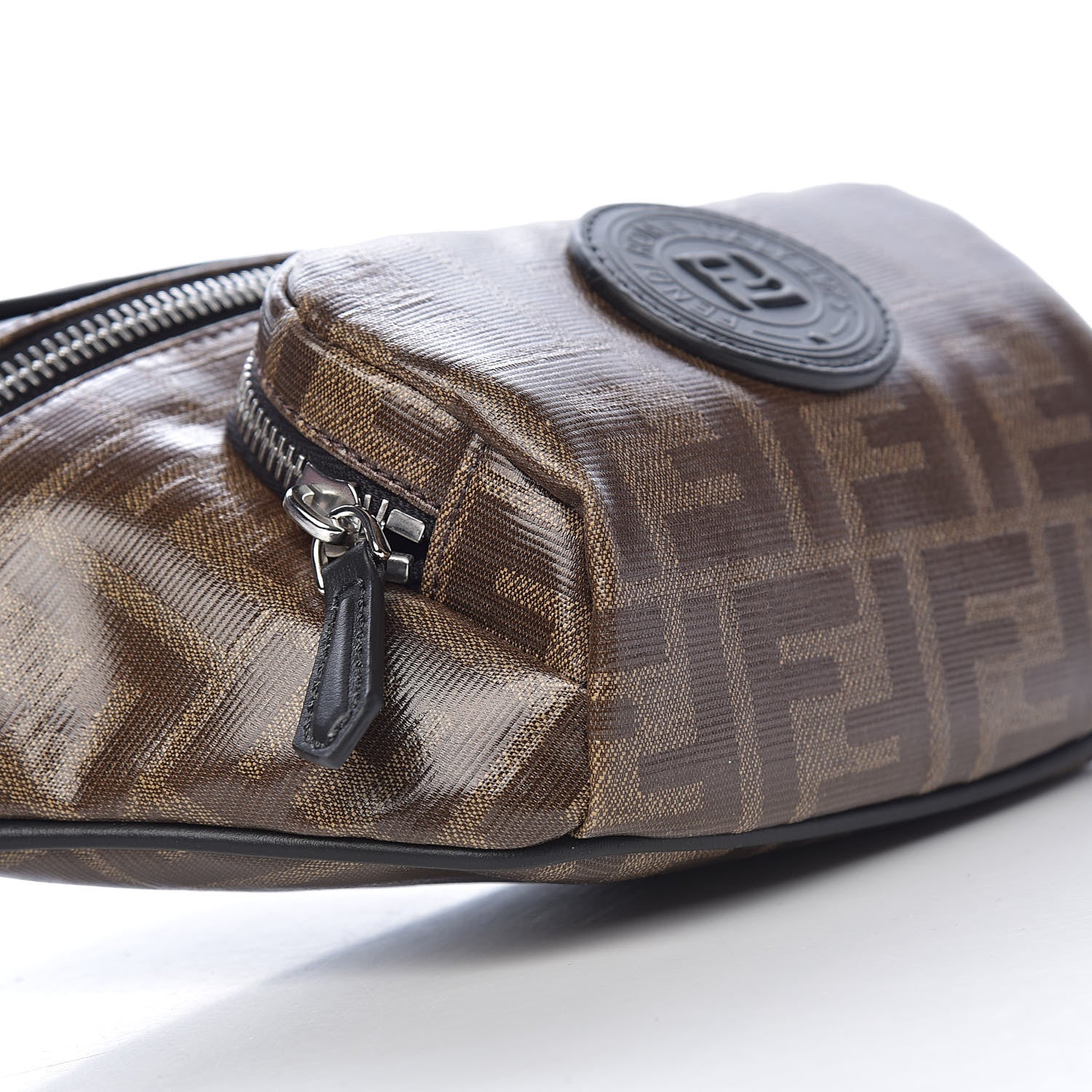 Fendi Glazed Fabric Vitello Century FF 1974 Stamp Patch Pocket Belt Bag Mogano Panna Black 8 of 10