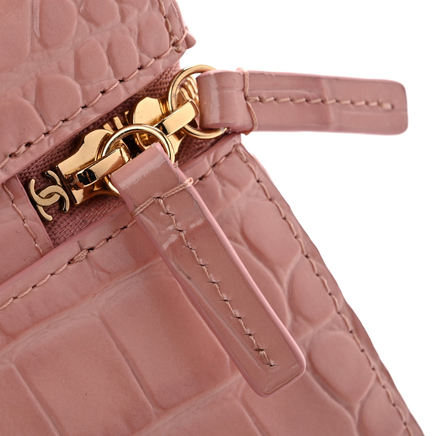 Calfskin Crocodile Embossed Crococo Top Handle Slim Vanity Case With Chain Light Pink