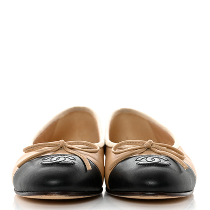 Chanel Lambskin Cap Toe CC Ballerina Flats 36 Beige Black 2 of 8