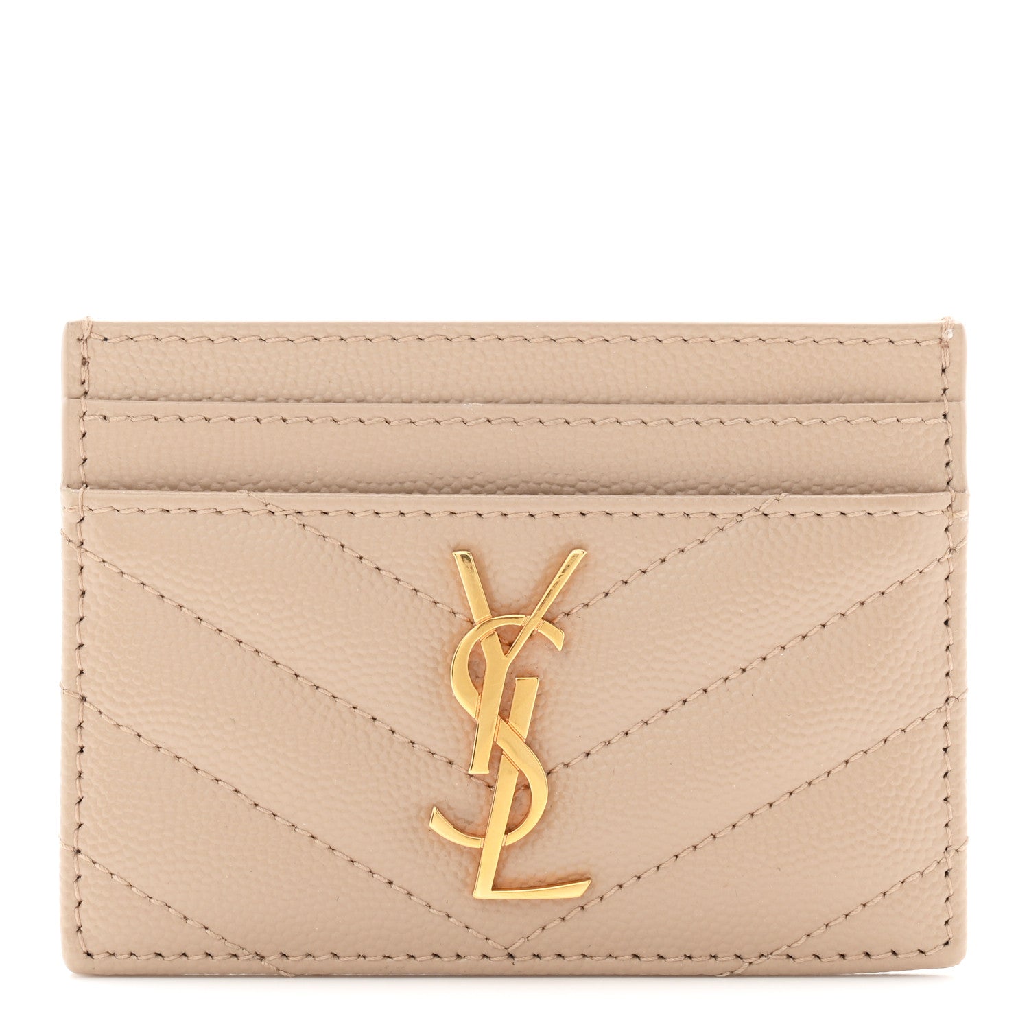 Saint Laurent Grain De Poudre Matelasse Chevron Monogram Credit Card Case Dark Beige 1 of 7