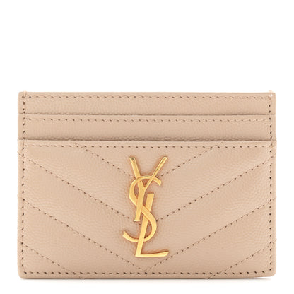 Saint Laurent Grain De Poudre Matelasse Chevron Monogram Credit Card Case Dark Beige 1 of 7