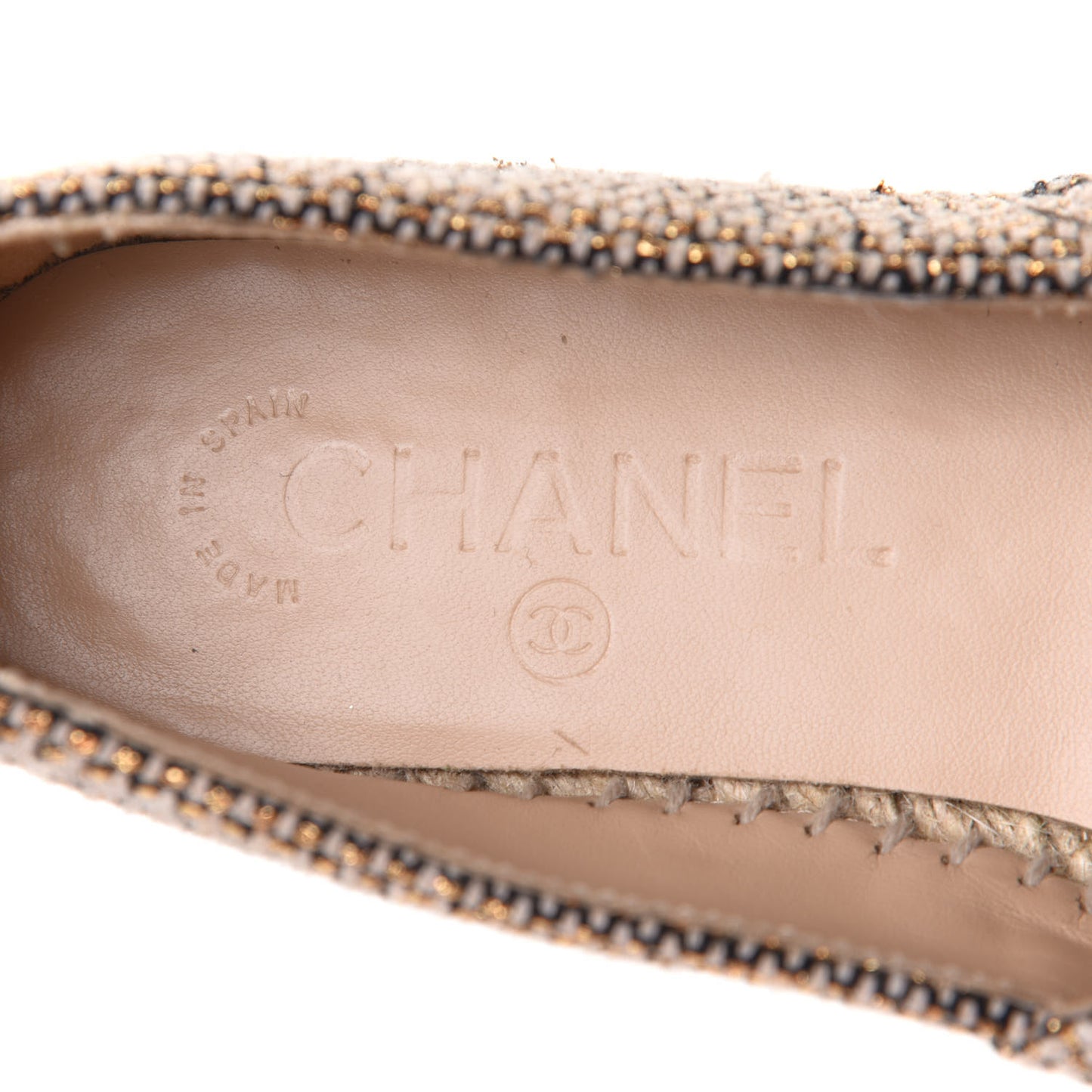 Tweed Grosgrain CC Espadrilles 36 Gold Beige Black