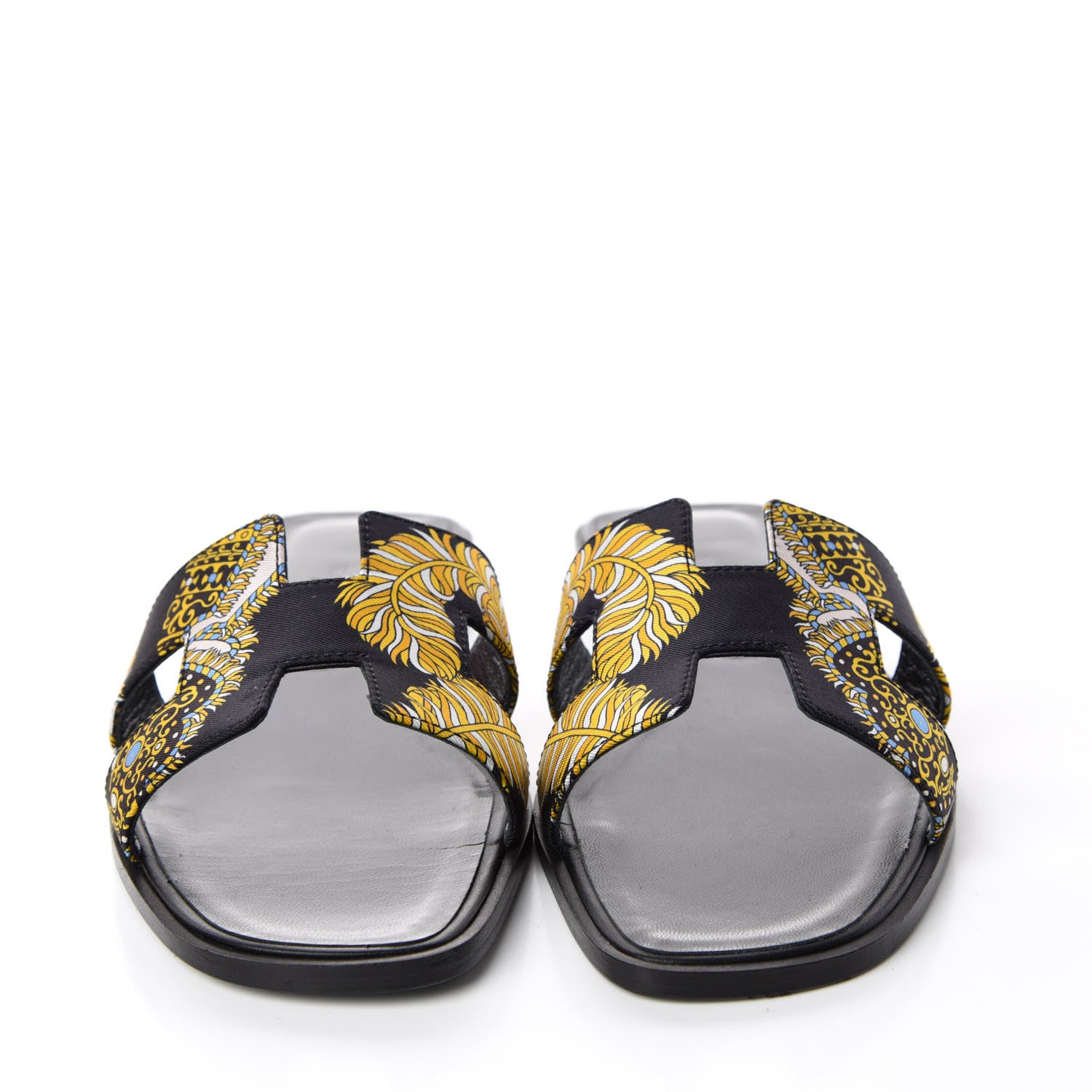 Hermes Silk Printed Sous L'Egide de Mars Oran Sandals 39 Bleu Black 2 of 10