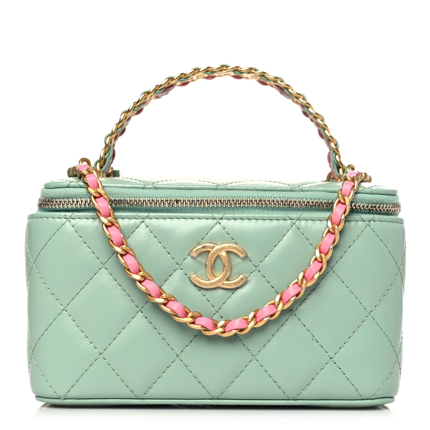 Shiny Calfskin Quilted Small Top Handle Vanity Case With Chain Light Green