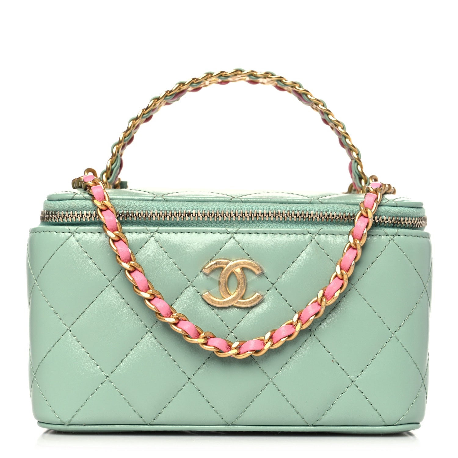 Chanel Shiny Calfskin Quilted Small Top Handle Vanity Case With Chain Light Green 1 of 12