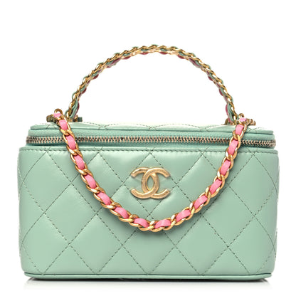 Chanel Shiny Calfskin Quilted Small Top Handle Vanity Case With Chain Light Green 1 of 12