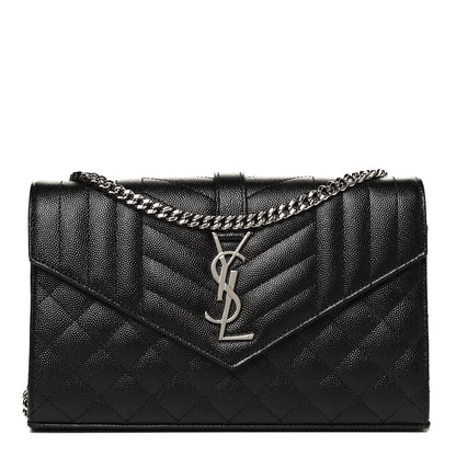 Saint Laurent Grain De Poudre Mixed Matelasse Triquilt Monogram Chain Wallet Black 1 of 10