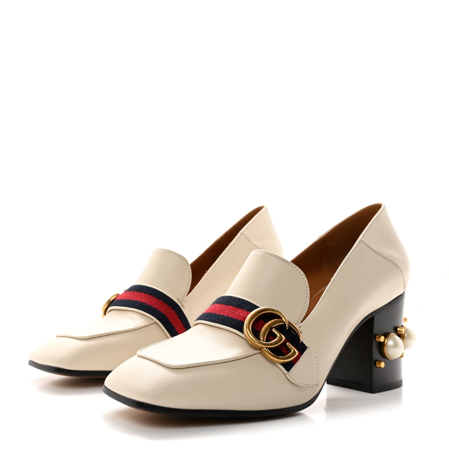 Betis Glamour Calfskin Web Pearl Embellished Peyton 75mm Loafer Pumps 40 Mystic White