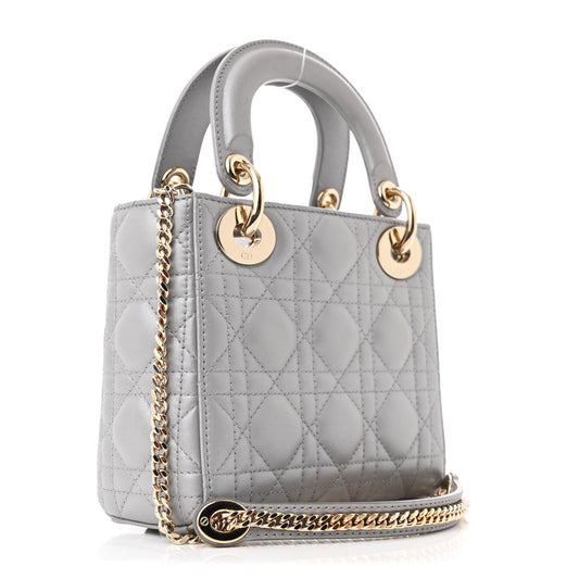 Metallic Lambskin Cannage Mini Lady Dior Grey