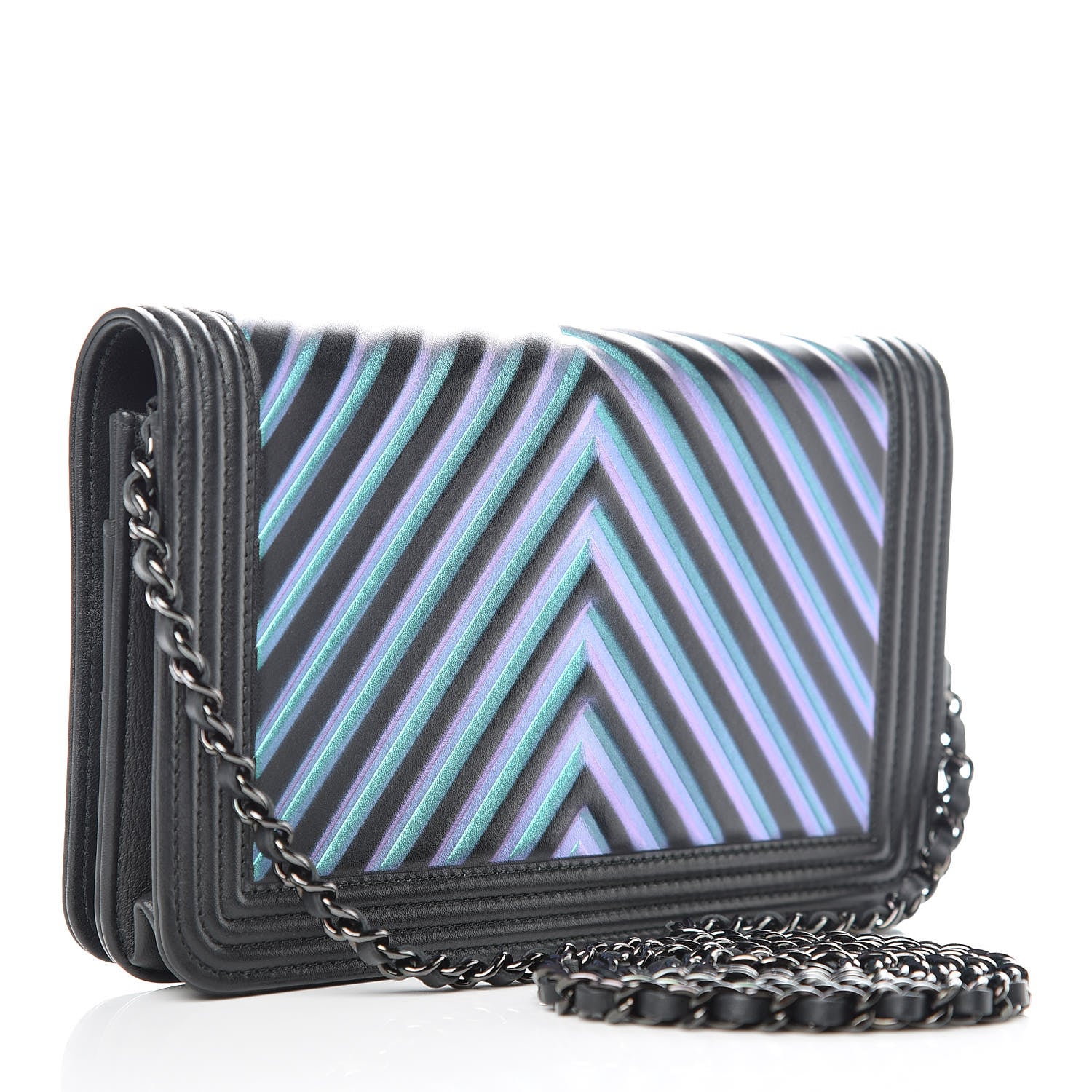 Chanel Calfskin Painted Chevron Embossed Boy Wallet On Chain WOC Black 3 of 11