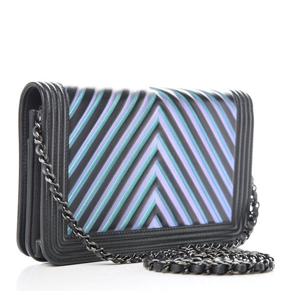 Chanel Calfskin Painted Chevron Embossed Boy Wallet On Chain WOC Black 3 of 11