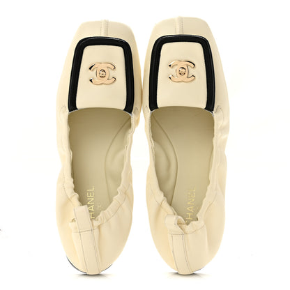 Chanel Lambskin CC Turnlock Ballerina Flats 37 Ivory Black 2 of 9