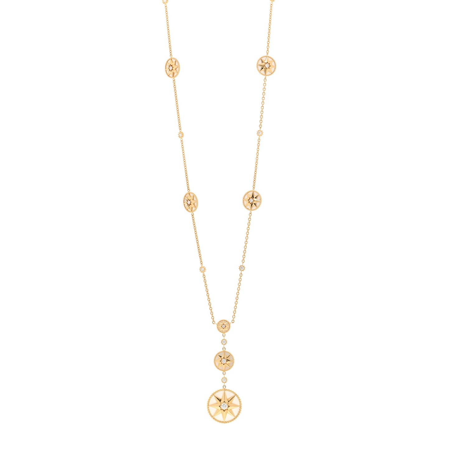18K Yellow Gold Diamond Mother of Pearl Rose Des Vents Long Necklace
