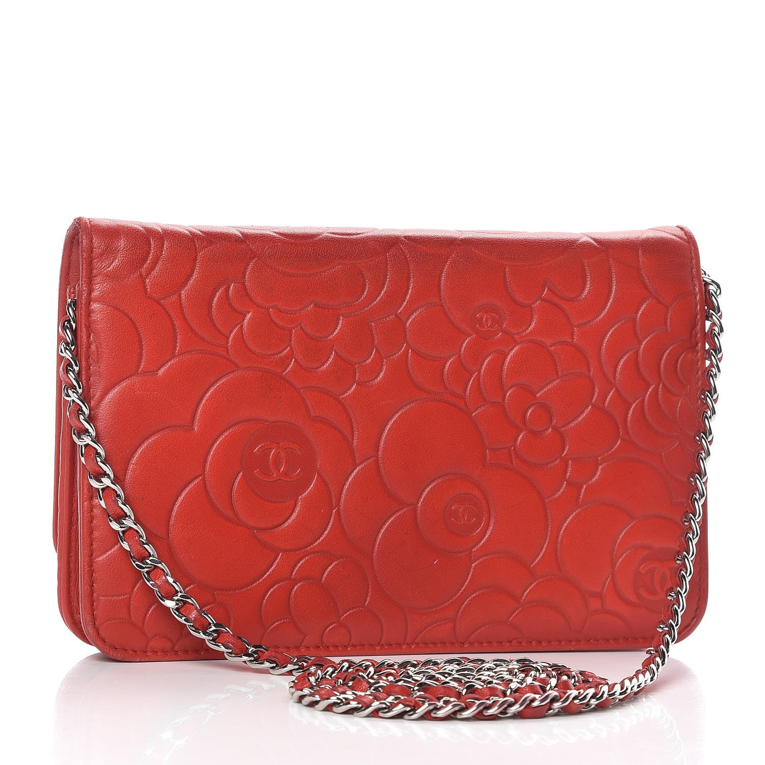 Chanel Lambskin Camellia Embossed Wallet On Chain WOC Red 3 of 17