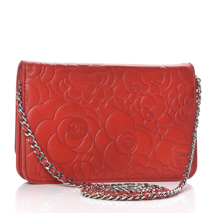 Chanel Lambskin Camellia Embossed Wallet On Chain WOC Red 3 of 17
