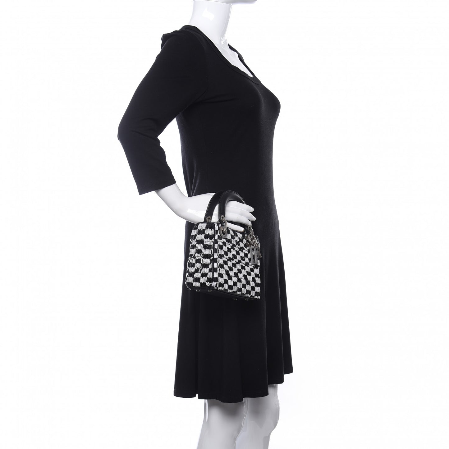 Calfskin Beaded Fringe Checkered Mini Lady Dior Black White