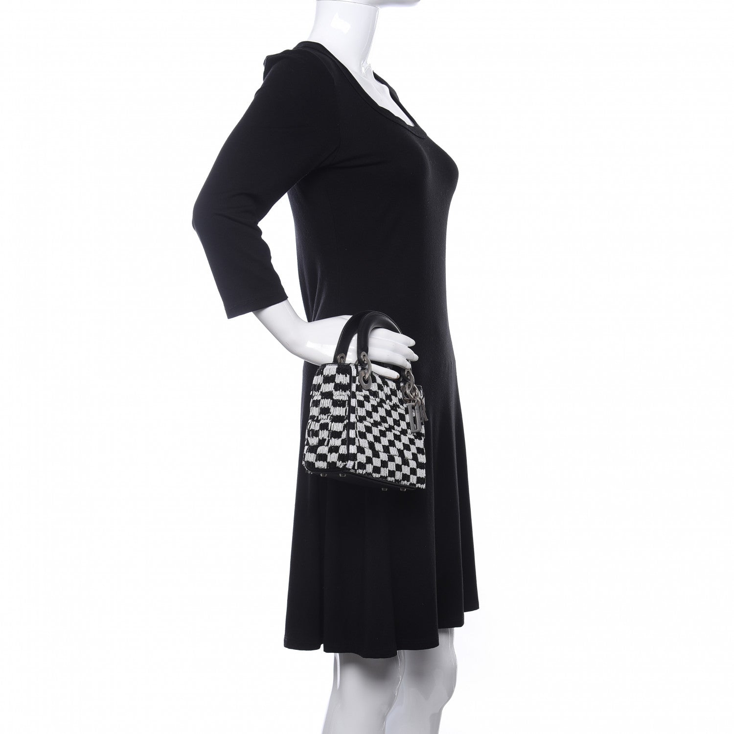Christian Dior Calfskin Beaded Fringe Checkered Mini Lady Dior Black White 3 of 8