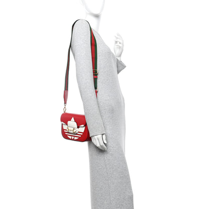 Gucci X ADIDAS Textured Dollar Calfskin Web Trefoil Mini Horsebit 1955 Shoulder Bag Hibiscus Red Off White 2 of 10