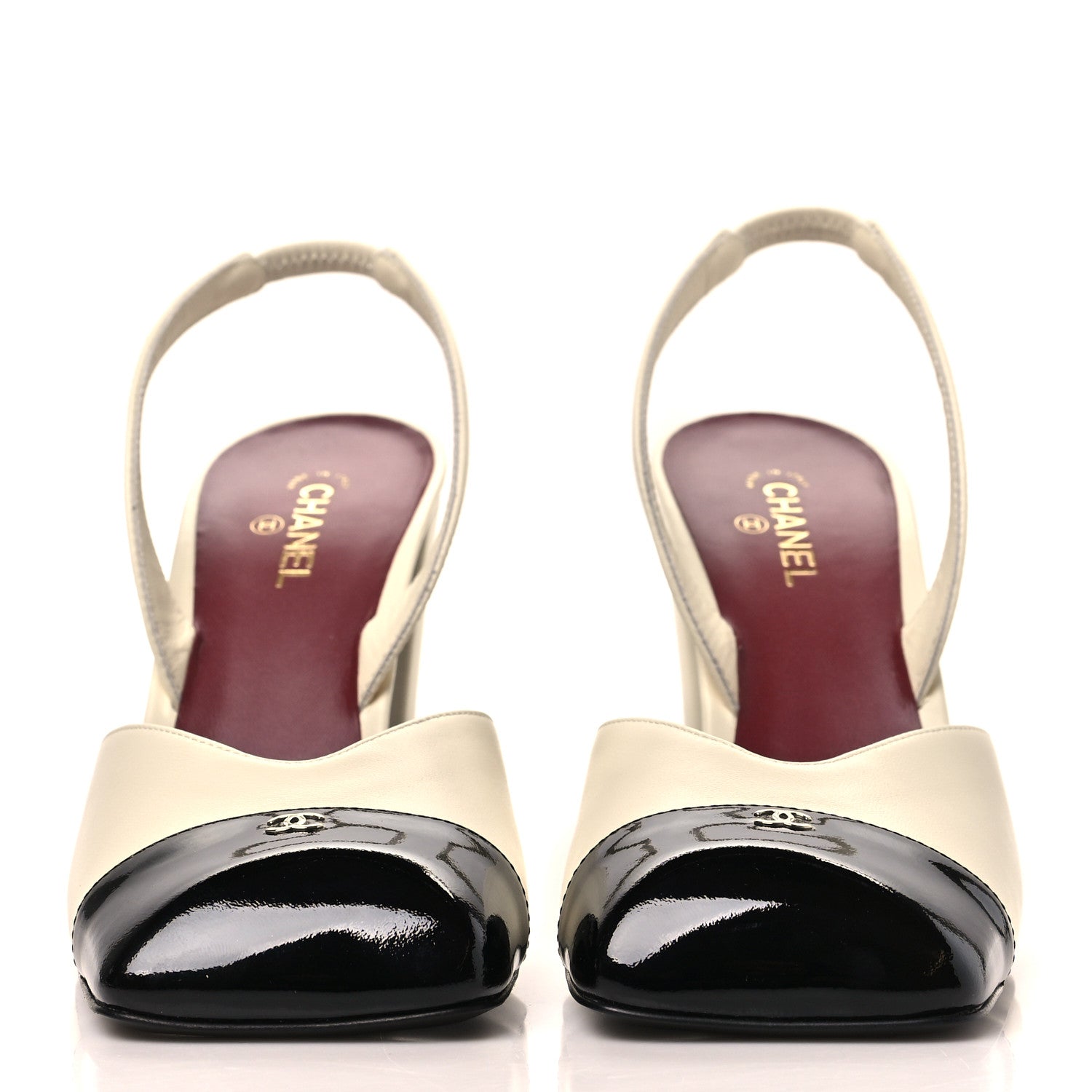 Chanel Lambskin Patent Calfskin Cap Toe CC Slingback Pumps 40 Ivory Black 3 of 10