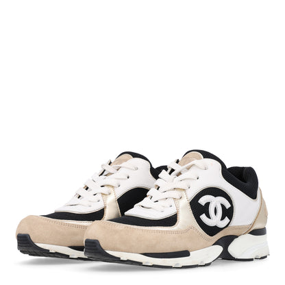 Chanel Mesh Suede Calfskin Grained Calfskin Womens CC Sneakers 37 White Black Beige Gold 4 of 11