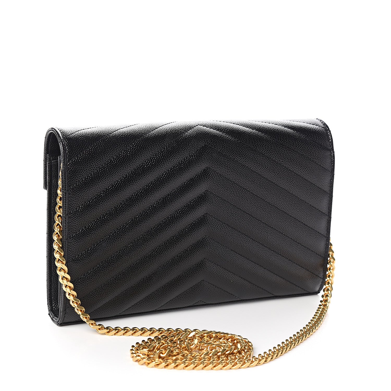 Saint Laurent Grain De Poudre Matelasse Chevron Monogram Chain Wallet Black 2 of 9