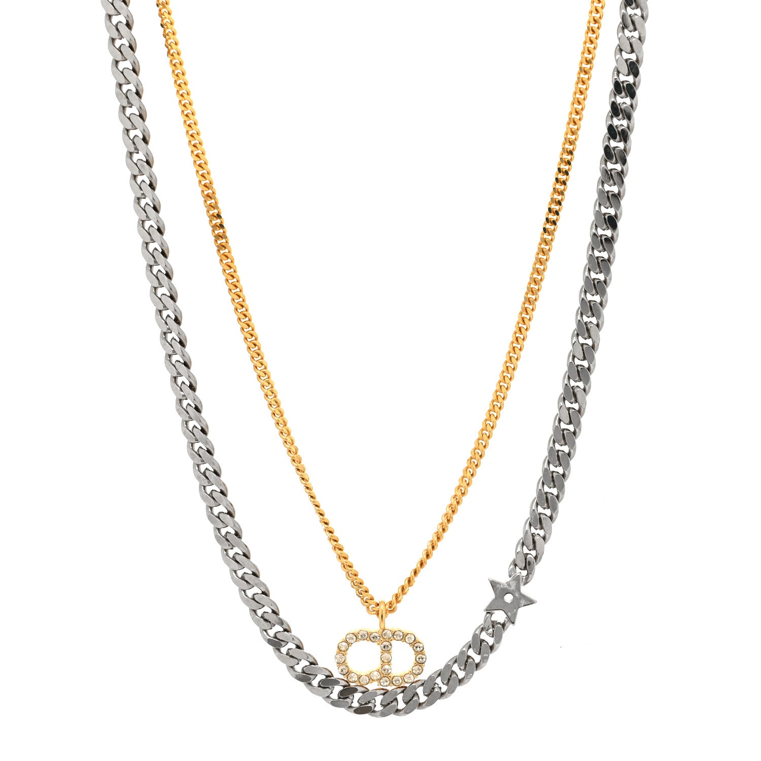 Christian Dior Metal Crystal CD Star Chain Necklace Gold Silver 1 of 4