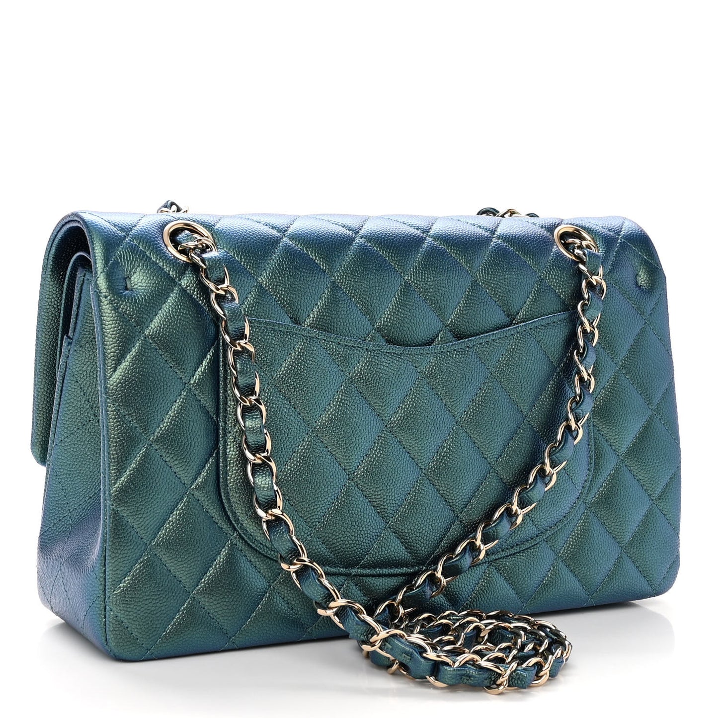 Iridescent Caviar Quilted Medium Double Flap Green