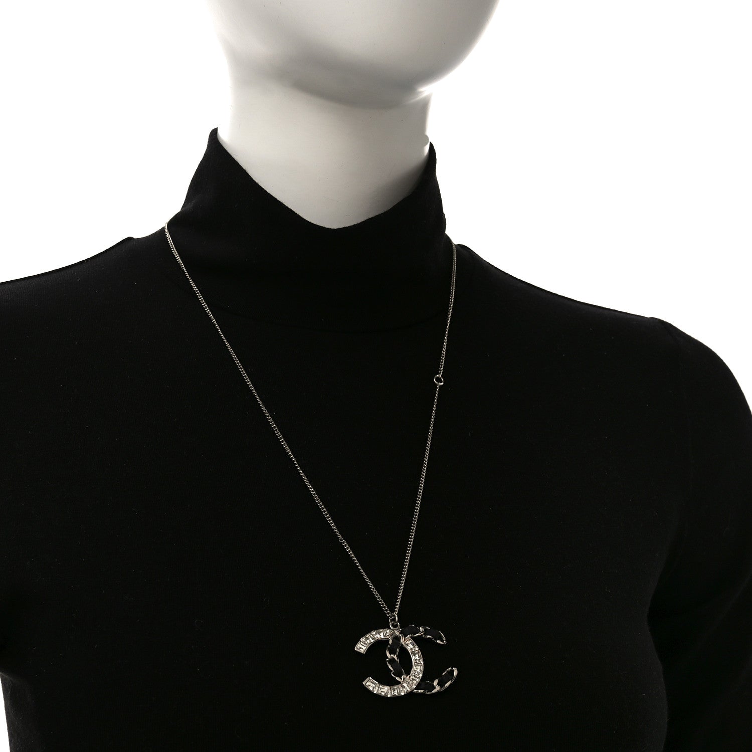 Chanel Lambskin Baguette Crystal CC Necklace Black Silver 2 of 4