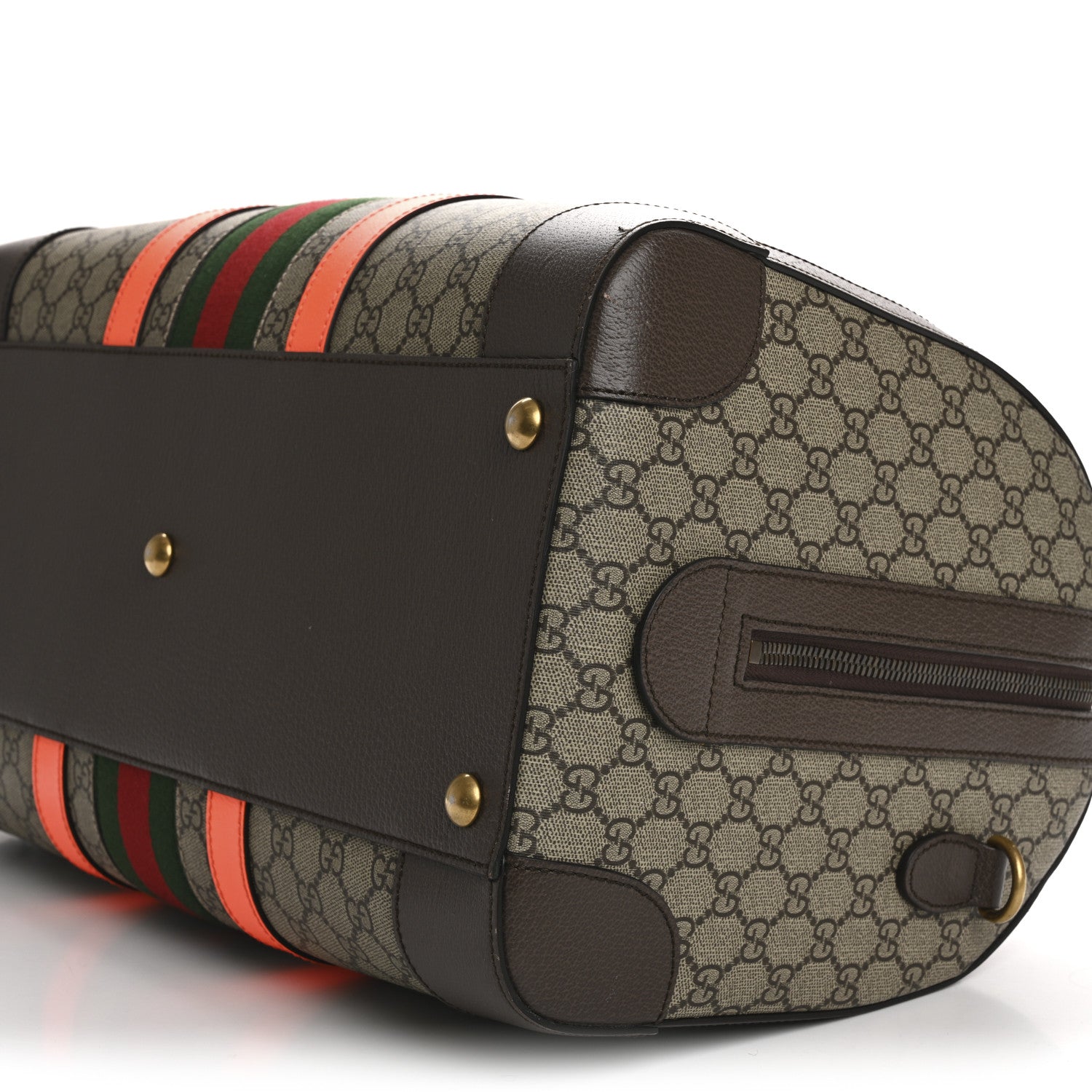 Gucci GG Supreme Monogram Textured Dollar Calfskin Web Medium Savoy Duffle Bag Beige Ebony Fluorescent Orange 11 of 16