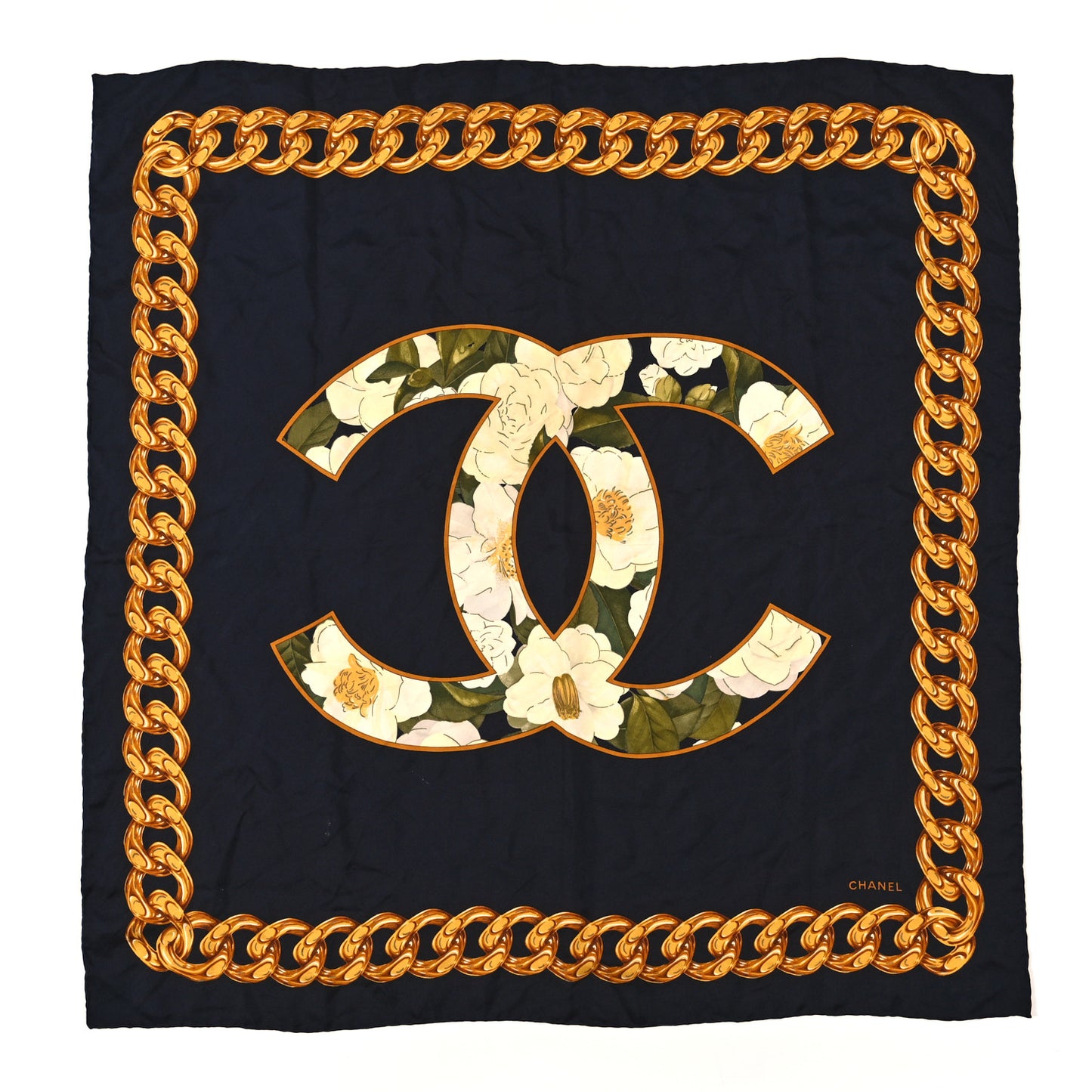 Silk CC Floral Chain Square Scarf Navy