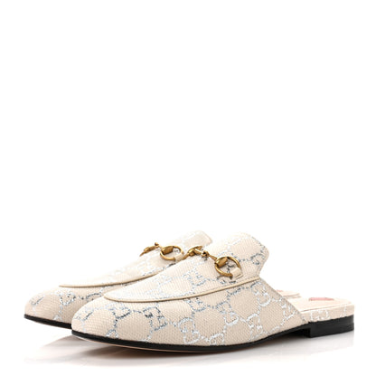 Gucci Canvas Lame GG Monogram Womens Princetown Slippers 37.5 Gardenia Silver 3 of 9