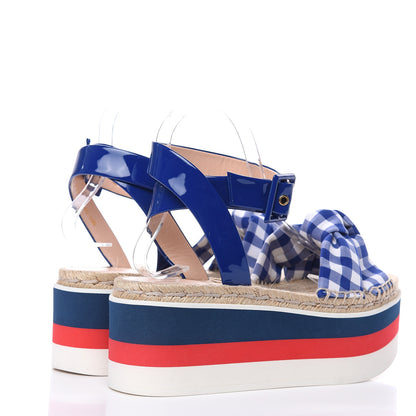 Gucci Patent Cotton Gingham Sefir Espadrille Platform Sandals 40 Blue White 4 of 9