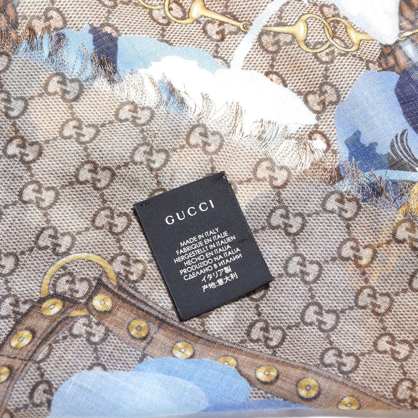 Wool Jacquard GG Monogram Big Panshie Fringe Shawl Sapphire Beige