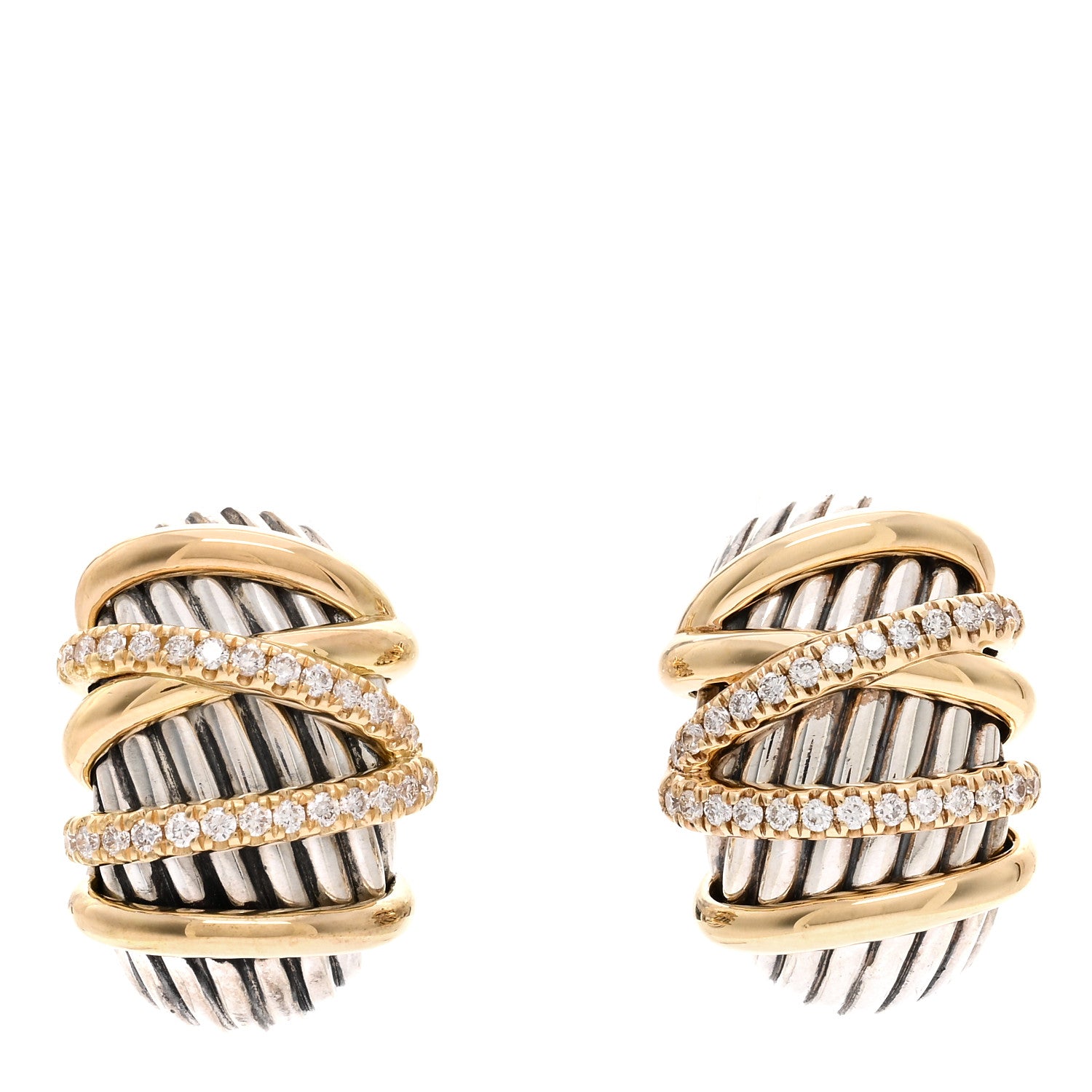 David Yurman 18K Yellow Gold Sterling Silver Diamond Helena Shrimp Earrings 1 of 4