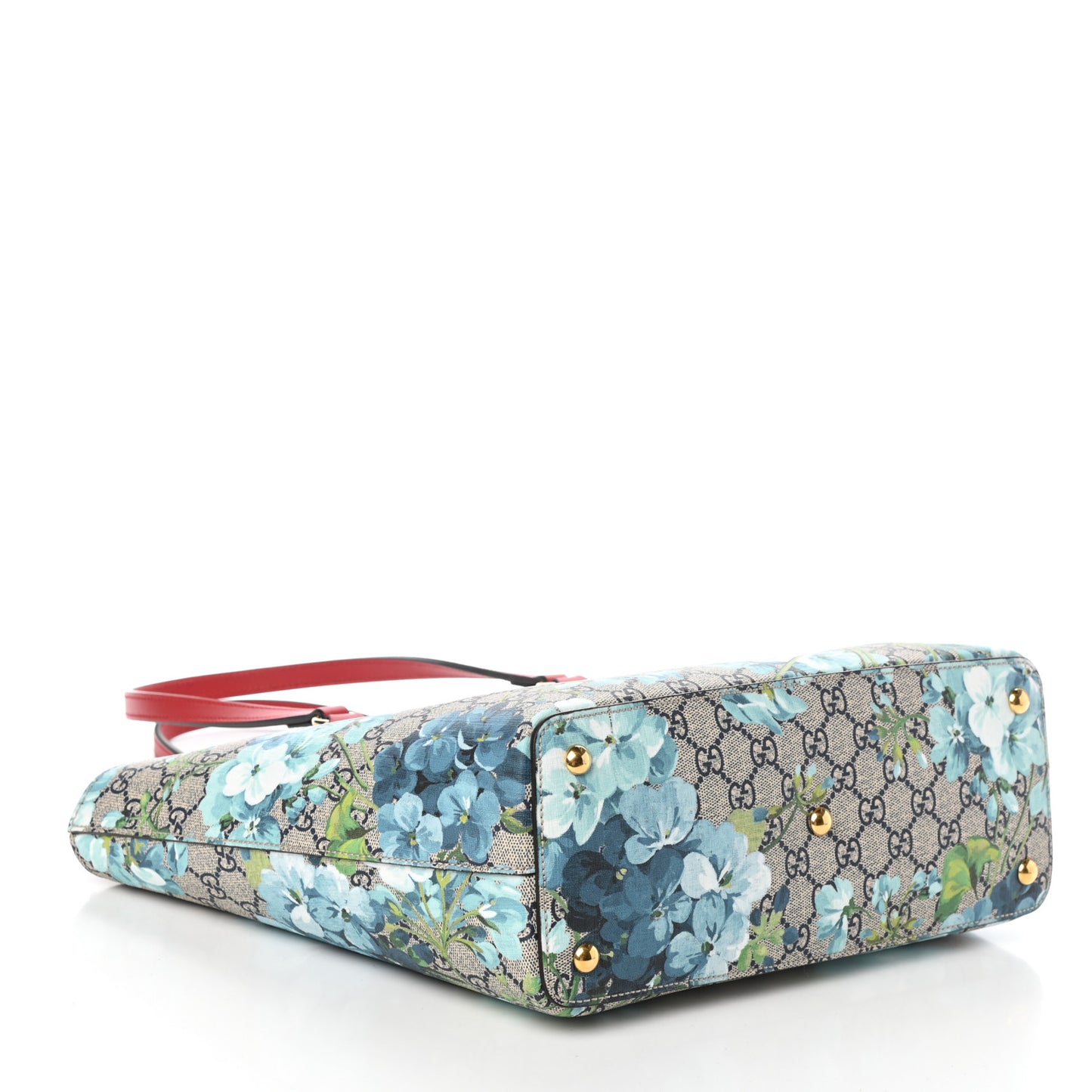 GG Supreme Monogram Blooms Medium Zippered Bucket Tote Beige Blue Navy Hibiscus Red