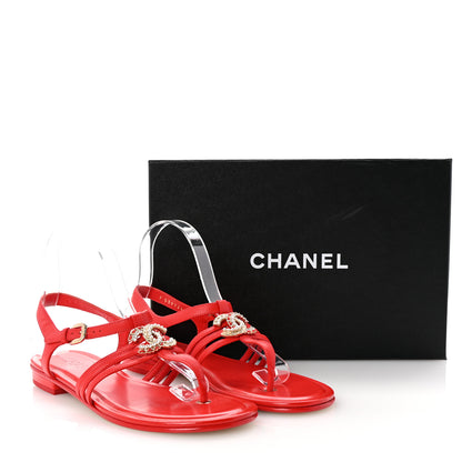 Chanel Lambskin Pearl Crystal CC Thong Sandals 38 Red 10 of 10