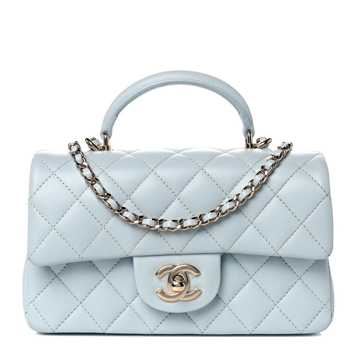 Lambskin Quilted Mini Top Handle Rectangular Flap Light Blue