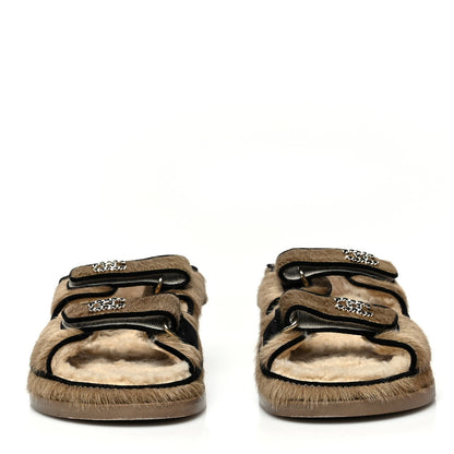 Chanel Calf Hair Suede Shearling Dad Sandals 36 Beige 2 of 7