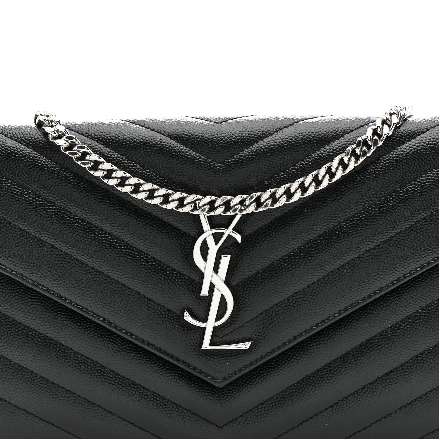 Saint Laurent Grain De Poudre Matelasse Chevron Monogram Chain Wallet Black 9 of 16