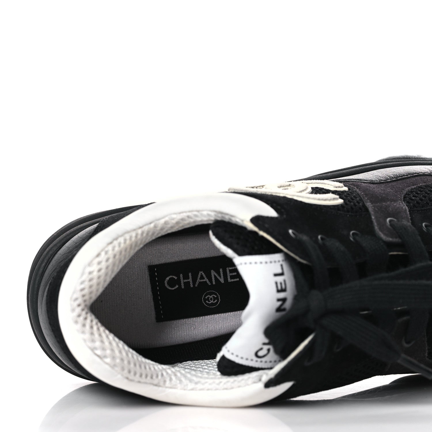 Chanel Mesh Suede Grained Calfskin Womens CC Sneakers 37.5 Black White 6 of 7