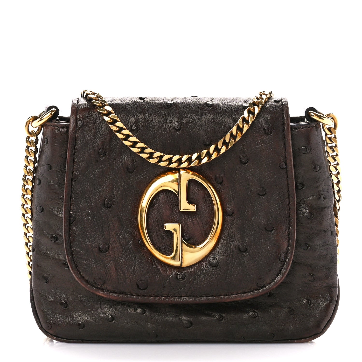 Gucci Ostrich Small 1973 Chain Shoulder Bag Dark Brown 1 of 11