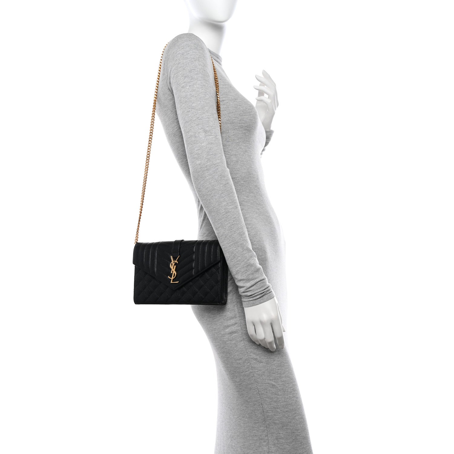 Saint Laurent Grain De Poudre Mixed Matelasse Triquilt Monogram Chain Wallet Black 2 of 11