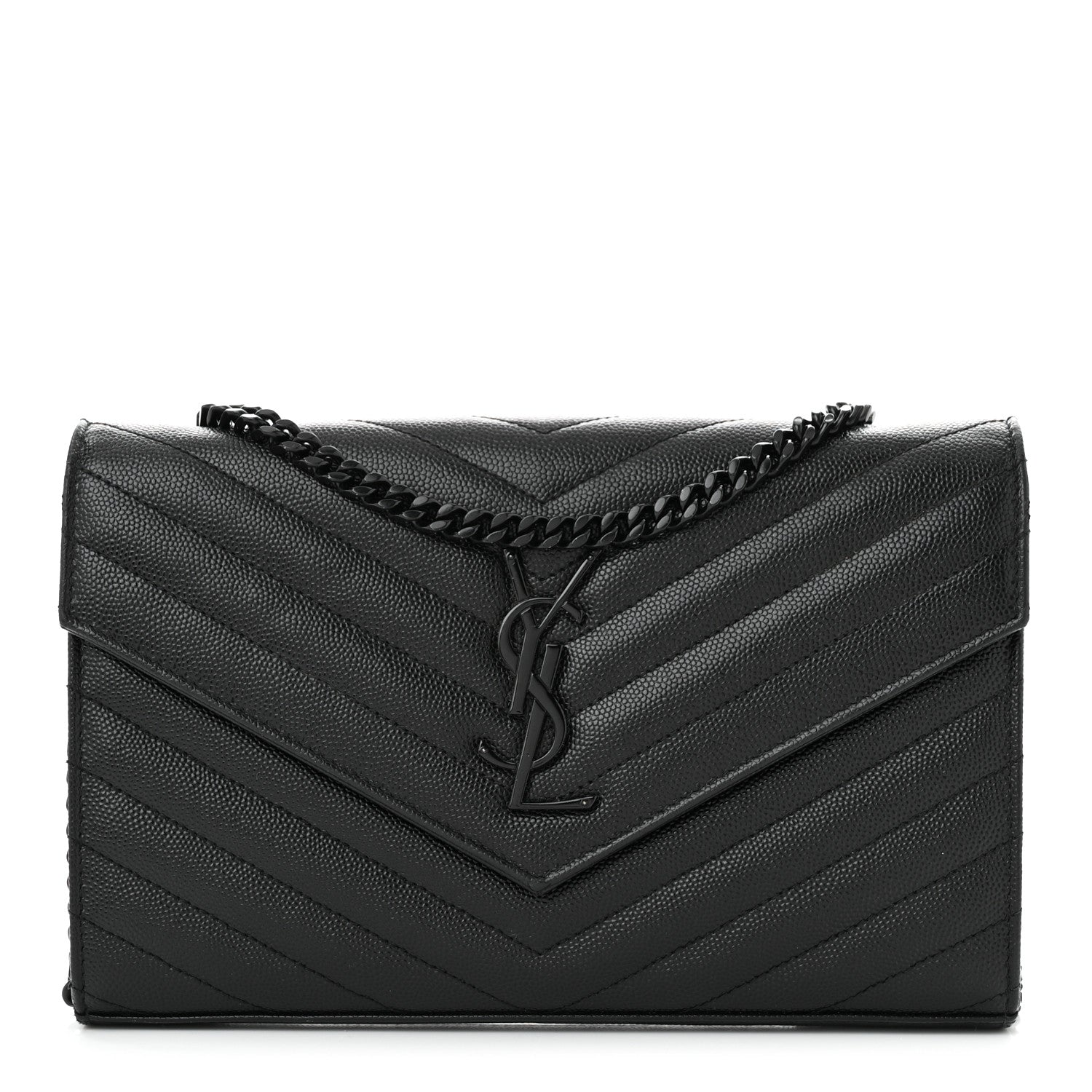 Saint Laurent Grain De Poudre Matelasse Chevron Monogram Monochrome Chain Wallet Black 1 of 10