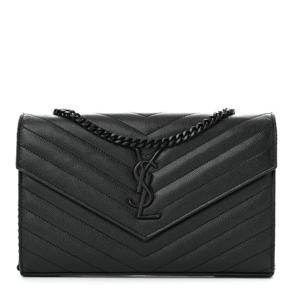 Saint Laurent Grain De Poudre Matelasse Chevron Monogram Monochrome Chain Wallet Black 1 of 10