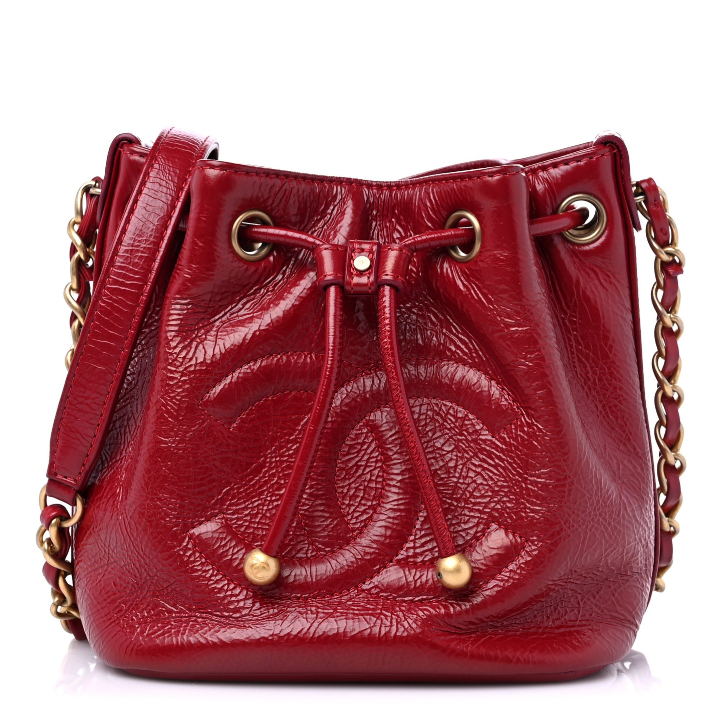 Shiny Aged Calfskin CC Chain Mini Drawstring Bag Red